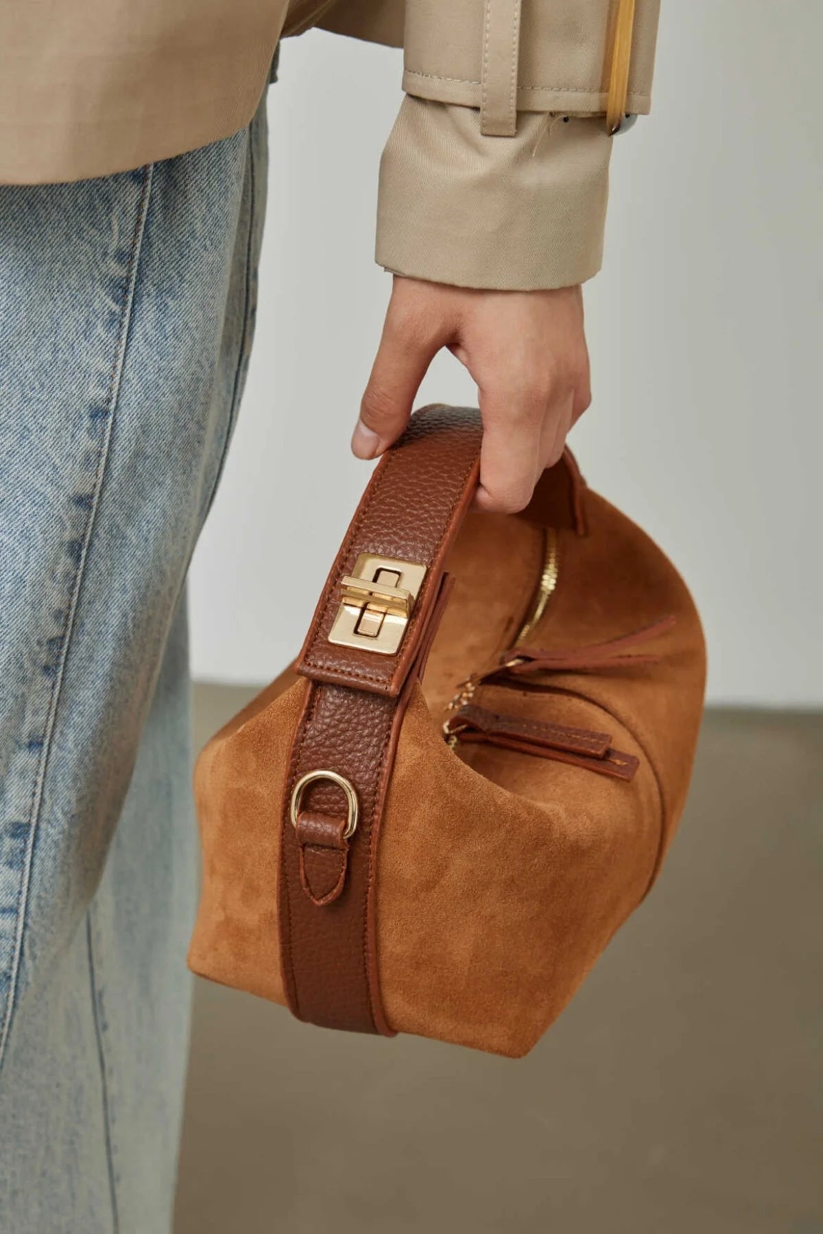 Sac à main tabac en daim à poignée épaisse